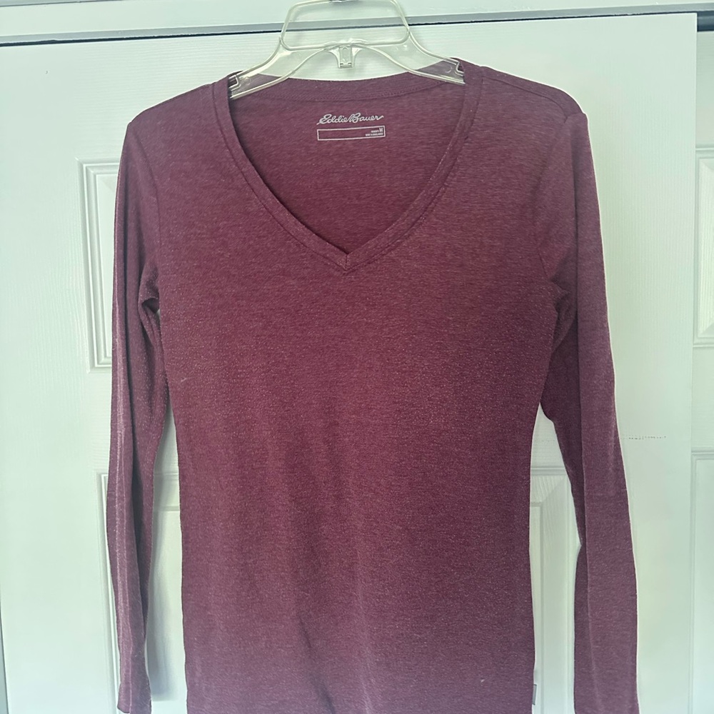 Eddie Bauer Maroon V-Neck Long Sleeve Shirt